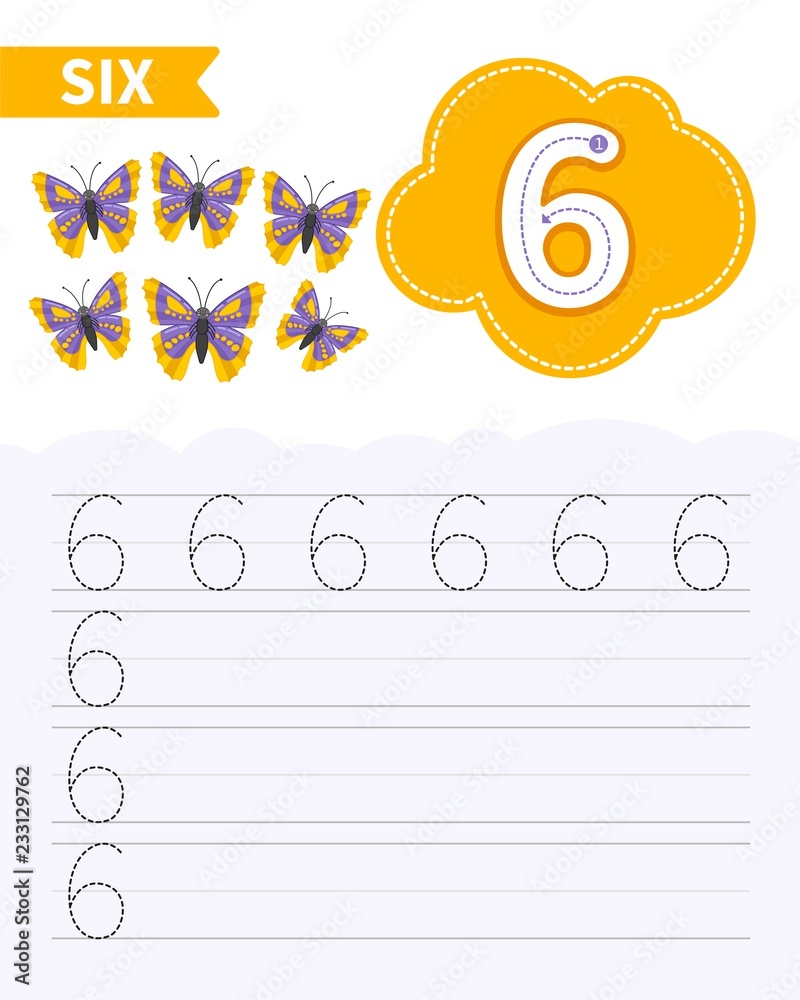 Kids learning material. Card for learning numbers. Number 6. Kids learning material. Card for learning numbers. Number 6.