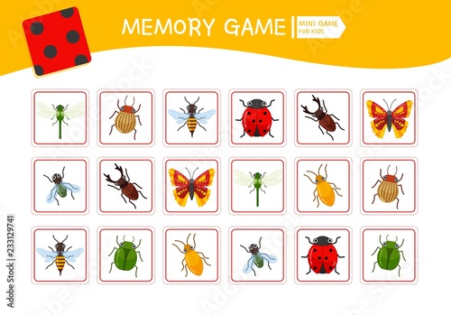 Memory game for preschool children, vector cards with  cartoon insects. Find two identical picture. Kids activity page for book. 