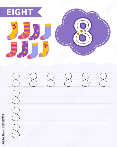 Kids learning material. Card for learning numbers. Number 8. 