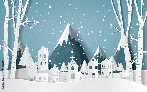 winter with homes and snowy paper art . beautiful scenery in the  design  vector