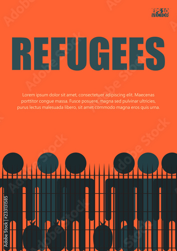 Migrants and refugees are standing behind closed and shut barrier, fence made of barbed wire. Eps10 vector illustration