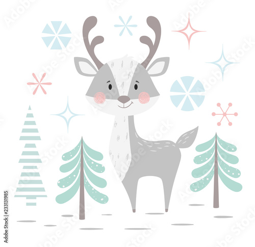 Deer baby winter print. Cute animal in snowy forest christmas card.