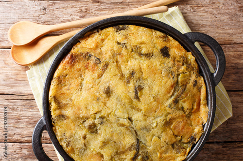Картината върху платно Homemade English Bubble & Squeak of baked mashed potatoes with cabbage and Brussels sprouts in a pan