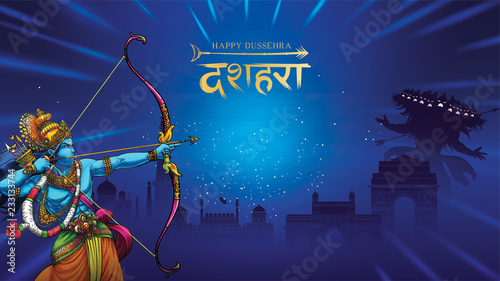vector illustration of Lord Rama killing Ravana in Happy Dussehra Navratri poster festival of India. translation : dussehra