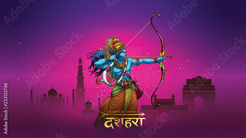 vector illustration of Lord Rama killing Ravana in Happy Dussehra Navratri poster festival of India. translation : dussehra