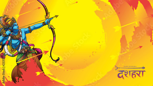 vector illustration of Lord Rama killing Ravana in Happy Dussehra Navratri poster festival of India. translation : dussehra