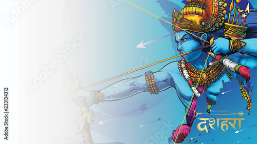 vector illustration of Lord Rama killing Ravana in Happy Dussehra Navratri poster festival of India. translation : dussehra