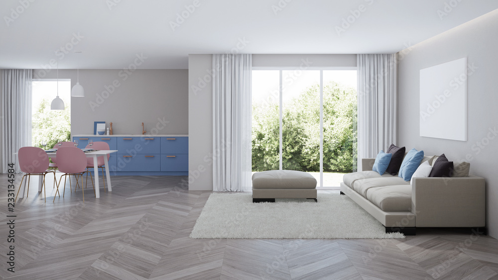 Fototapeta premium Modern house interior. Blue Kitchen. 3D rendering.