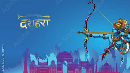 vector illustration of Lord Rama killing Ravana in Happy Dussehra Navratri poster festival of India. translation : dussehra