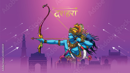 vector illustration of Lord Rama killing Ravana in Happy Dussehra Navratri poster festival of India. translation   dussehra