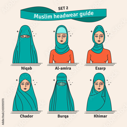 Muslim headwear guide. The set of different types of women headscarves. Vector icon colorful illustration. Set 2.