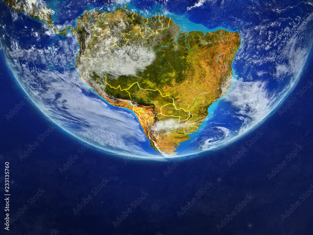 Fototapeta premium South America from space on model of planet Earth with country borders. Extremely fine detail of planet surface and clouds.