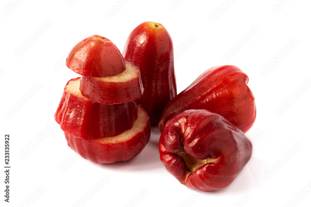 Fresh red rose apple Cut half isolate on white
Fresh red rose apple Cut half isolate on white