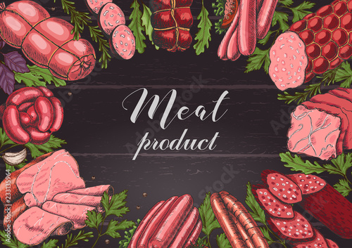 Horizontal background with different color meat products in sketch style. Sausages, ham, bacon, lard, salami