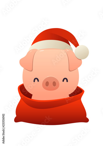 Cartoon cute pig in Santa Claus hat and red bag with isolated Merry Christmas and Happy New Year mood