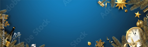 Christmas and New Year banner with Christmas decorations, gift, Champagne and clock.