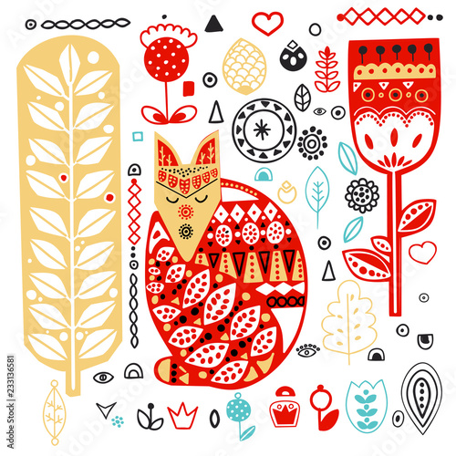 Wood fox with handmade ornament. Scandinavian style.