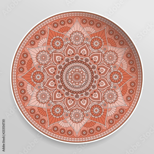 Decorative plate with mandala in red colors. Vector ornament.