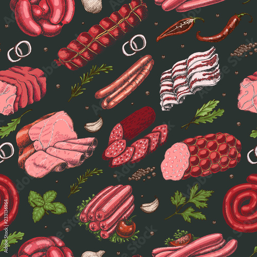 Vector seamless pattern with different color meat products in sketch style. Sausages, ham, bacon, lard, salami