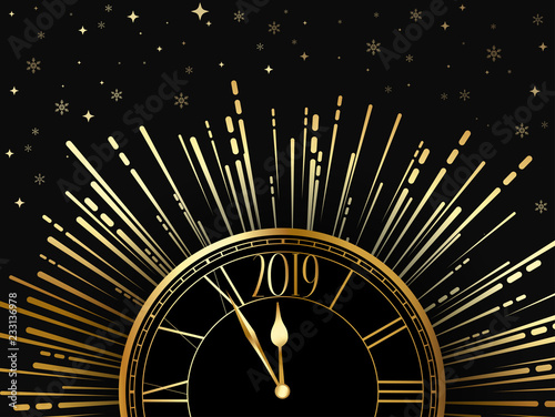 Happy New Year 2019 shiny poster with gold clock, firework and snow.