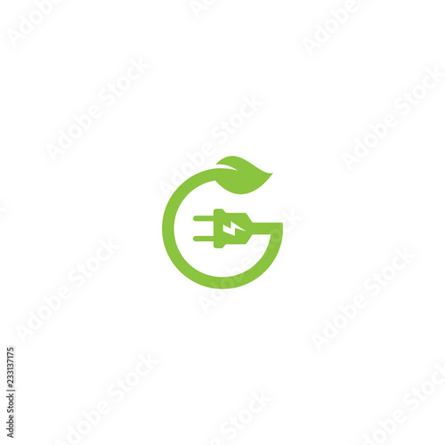 Green energy letter G logo vector design template, with the concept of electric plugs and green leaves