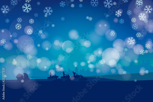 Santa Claus cartoon character and reindeer driving snowmobile on night time and winter background with snowflakes. Vector illustration Merry Christmas