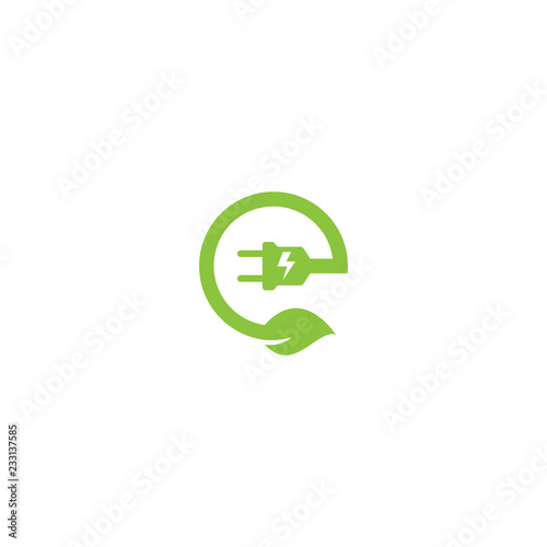 Green energy letter e logo vector design template, with the concept of electric plugs and green leaves