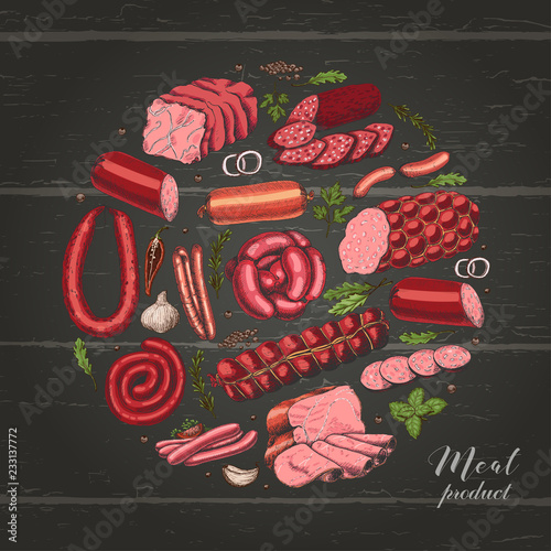 Isolated circle with different color meat products in sketch style.