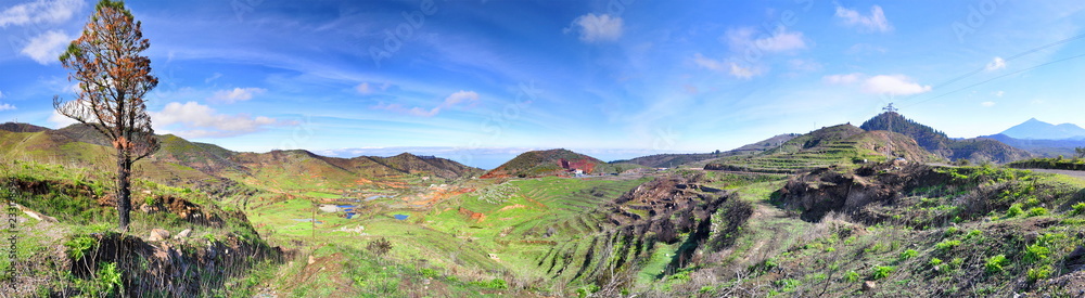 Green hills with blue sky on mountain plateau, Panorama, Tenerife, Canarian Islands