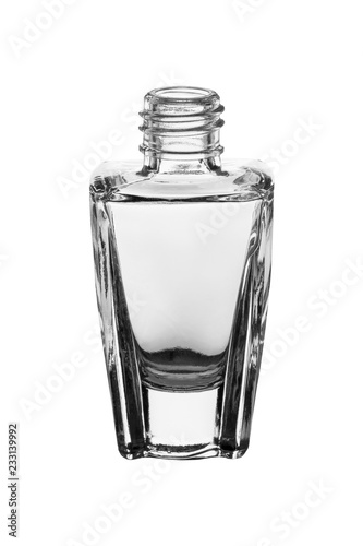 empty glass transparent bottle for perfumery, on white background, isolate