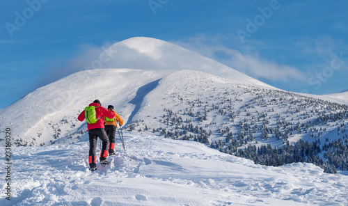 Tourists on their way to the snow-covered mountain top. Winter hiking.