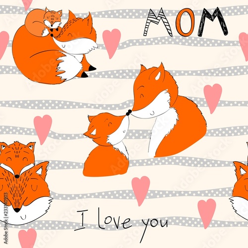 Seamless pattern. Vector fox mom and baby