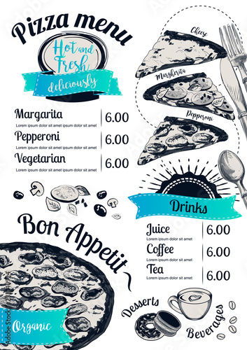 Menu pizza Vector slice chalkboard background. Doodle top view. Hand-drawn Menu illustration, line sketch.