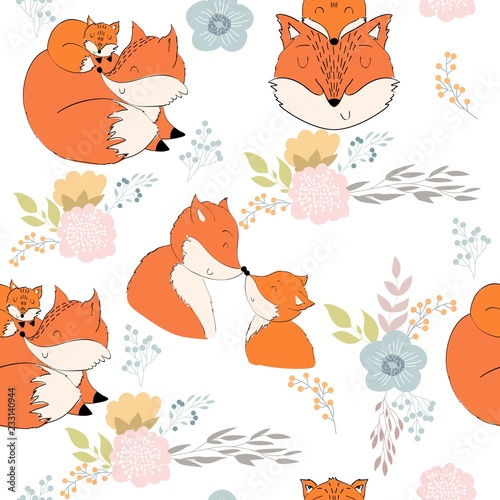 Seamless pattern. Vector fox mom and baby
