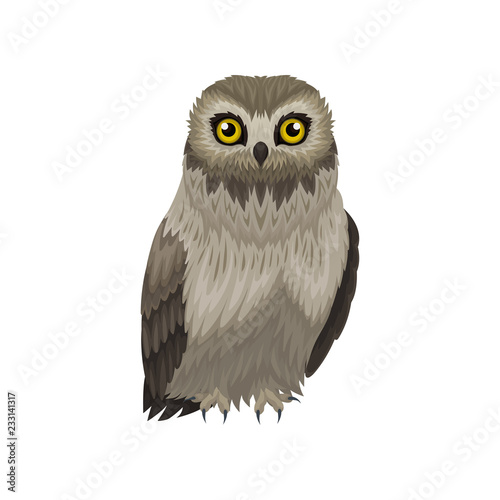 Flat vector icon of great gray owl. Large wild bird with bright yellow eyes. Flying creature. Fauna theme