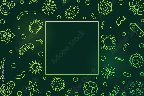 Bacterial cells green horizontal frame. Vector creative microbiology illustration or background in thin line style