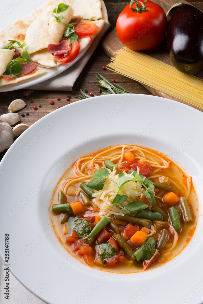 Italian cuisine minestrone soup served for lunch Italian cuisine minestrone soup served for lunch