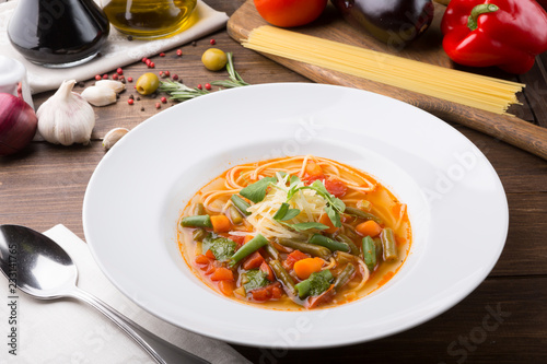 Italian cuisine minestrone soup served for lunch