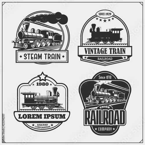 Set of retro trains emblems, labels, badges and design elements. Print design for t-shirts.