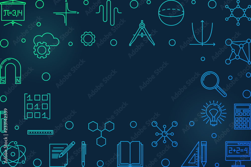 Science, technology, engineering and math blue horizontal frame. Vector STEM creative illustration in outline style on dark background - obrazy, fototapety, plakaty 