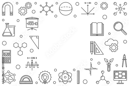 Science, Technology, Engineering and Mathematics horizontal frame - vector STEM concept outline illustration or background