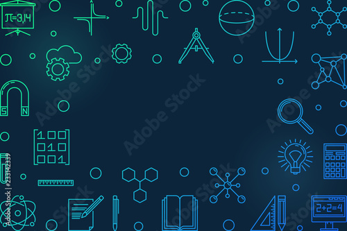 Science, technology, engineering and math blue horizontal frame. Vector STEM creative illustration in outline style on dark background