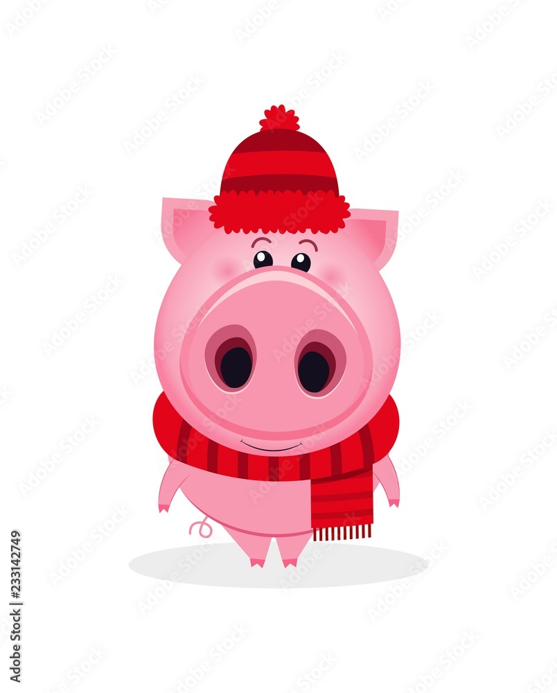 Cute vector holiday pig with hat and scarf. Chinese new year symbol. Funny cartoon character Cute vector holiday pig with hat and scarf. Chinese new year symbol. Funny cartoon character