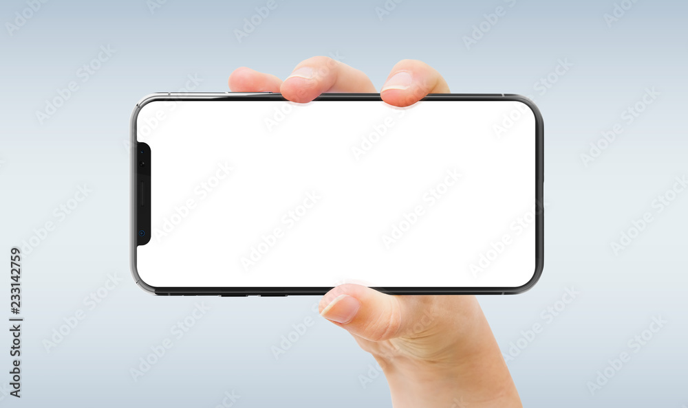 Woman hand holding modern smatphone mockup on white Woman hand holding modern smatphone mockup on white