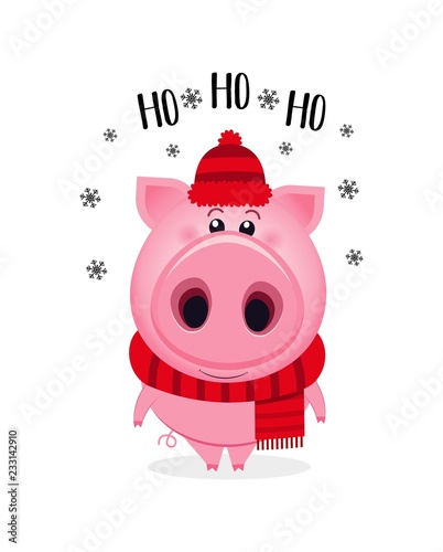Ho-ho-ho Merry Christmas. Cute christmas pig. Holiday illustration
