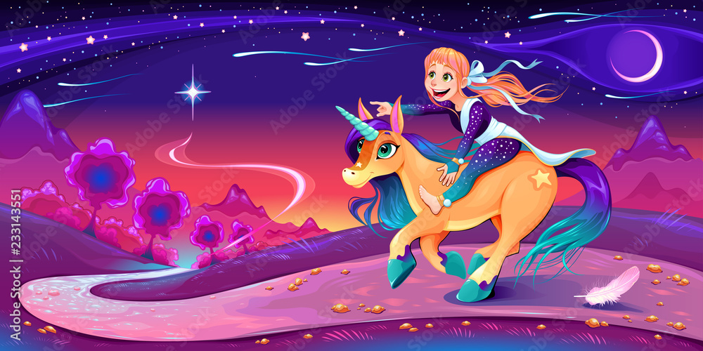 Happy girl is riding the unicorn following her star