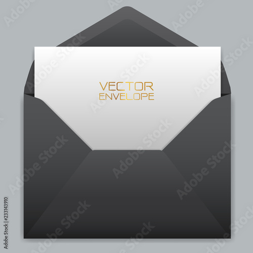 Realistic black envelope with white card inside on grey background vector illustration.