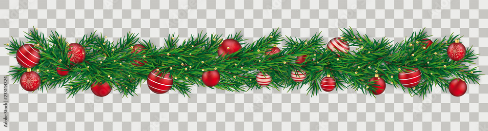 Christmas Green Twigs Red Baubles Transparent - obrazy, fototapety, plakaty 