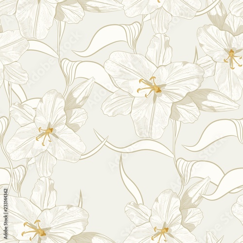 Beautiful monochrome, sepia outline seamless pattern with lilies and leaves. Hand-drawn contour lines. Design greeting card and invitation.
