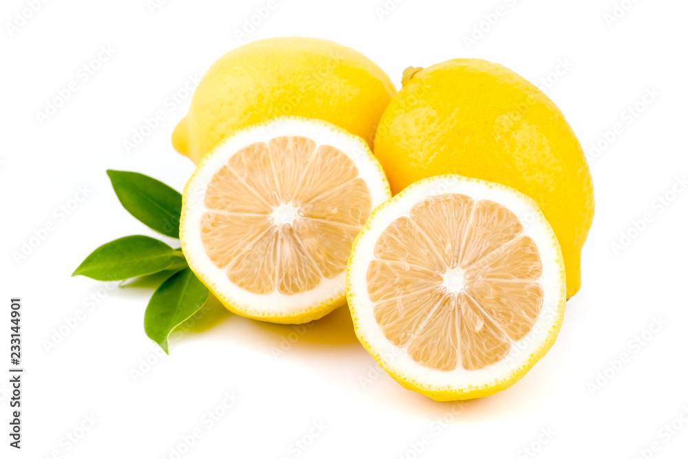 Yellow Lemon citrus half slices with leaf isolated on white background Yellow Lemon citrus half slices with leaf isolated on white background